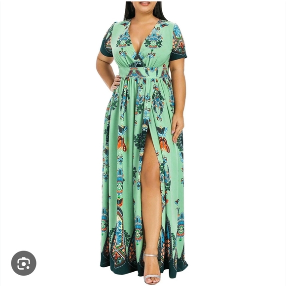 Floral V-Neck Maxi Dress - Blue and Green Front Slit - Size 4X BNWOT - Picture 1 of 6